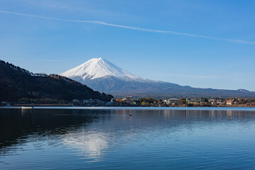 Sunny high angle view of the Mt. Fuji with cityscape