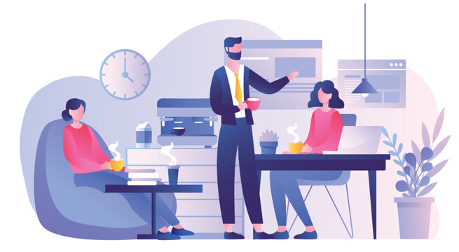 Coffee Break Concept. Men And Women Relax After Work In Office And Communicate. Metaphor For Efficient Workflow. Boss And Subordinates Communicate. Poster Or Banner. Cartoon Flat Vector Illustration