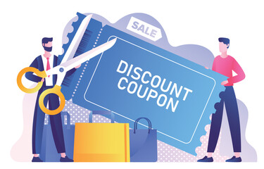 Discount coupon concept. Men stand near gift voucher. Loyalty program and special offer for regular customers, prize. Advertising poster or banner for website. Cartoon flat vector illustration