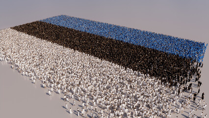 Aerial view of a Crowd of People, congregating to form the Flag of Estonia. Estonian Banner on White Background.