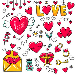 Cute set of romantic elements for valentine's day. Hearts and design elements for Valentine's Day and Mathers day. Vector illustration isolated on white background