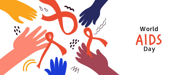 World AIDS day awareness. Multicolored palms hold red ribbon.Vector horizontal flat doodle illustration for banner, poster