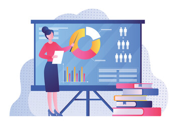 Woman with sociology. Young girl studying graphs and charts, working with statistics and information. Character studies society, creates presentation, infographics. Cartoon flat vector illustration