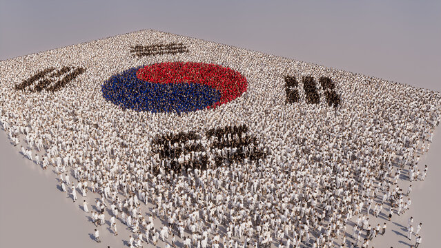 A Crowd of People congregating to form the Flag of South Korea. South Korean Banner on White.