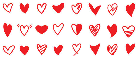 Set of hand drawn love heart shape vector illustration. Collection of red heart doodle style isolated on white background. Design for Valentine's Day, wedding, card, sticker, poster, decoration.