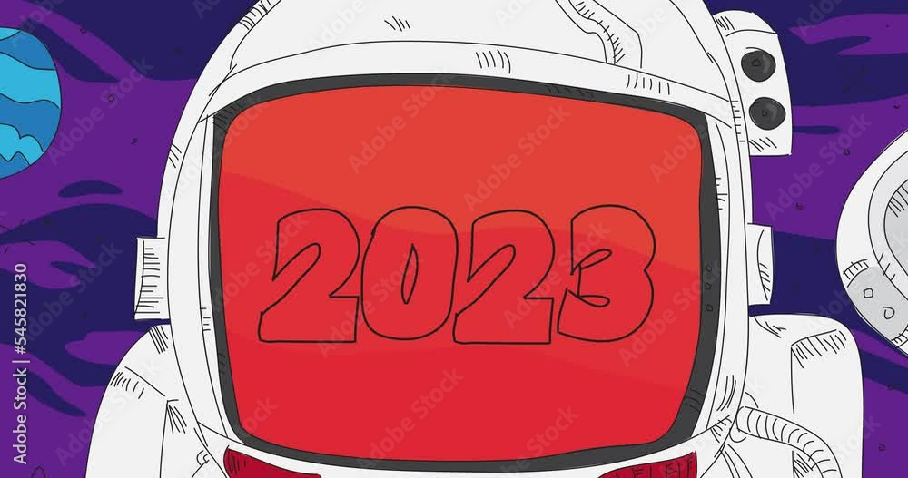 Poster astronaut in space with the number 2023 on his helmet. abstract dancing line cartoon animation. 4k h