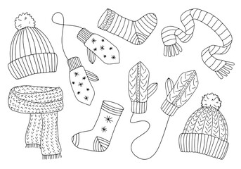 Set of warm winter clothes, knitted accessories, rope mittens, socks, hats with pompoms, scarves. Hand-drawn outline drawing, vector isolated on white background. Winter doodles.
