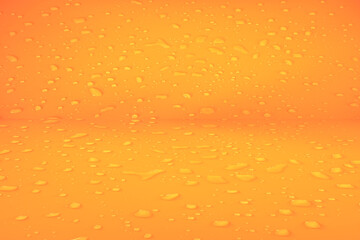 Defocus blurred water drops on orange background. waterdrops detail the background. Water splash, water spray background. Calm orange background with water drop.
