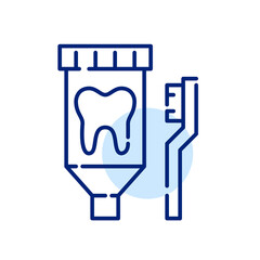 Tooth paste in a tube and brush. Oral hygiene dental care products. Pixel perfect, editable stroke art