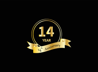 14 years anniversary logo template isolated on gold, gold stamp 14th anniversary icon label with ribbon, twenty year birthday seal symbol.