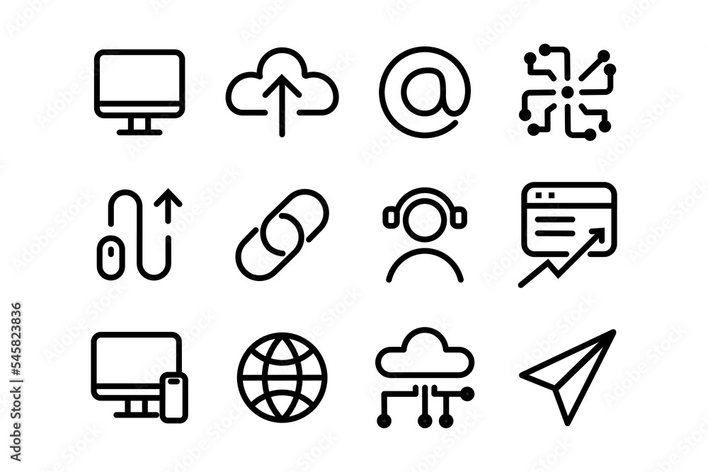 Poster Collection of computer icon for digital technology. Simple stroke line art icon design