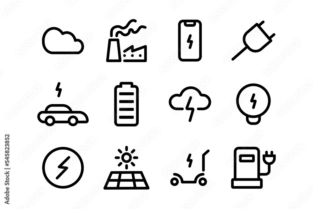 Poster collection of electric technology icon for environment issue. simple stroke line art icon design
