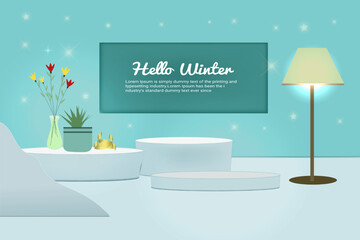 hello Winter sale product banner, podium platform with star and light background, and paper illustration.
