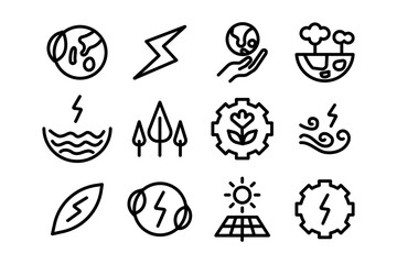 Collection of green energy icon for environment theme. Simple stroke line art icon design