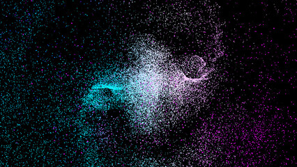 3D rendering of cluster of particles resembling splatter of paint which densely packed in the core.