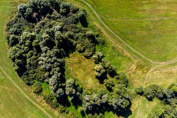 Aerial view from a high altitude of the swampy Ogubskoe Fortified Settlement located in the Zhukovsky district, Kaluga region, Russia