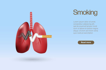 Smoking caused lung cancer. 3D cancer lung organ with burning cigarette. Stop smoking, quit smoking awareness. Realistic vector.