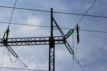 Insulators and wires on a high voltage power line pylon