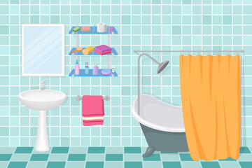Bathroom.Modern bathroom interior.Bathroom,sink,toiletries.Vector illustration.