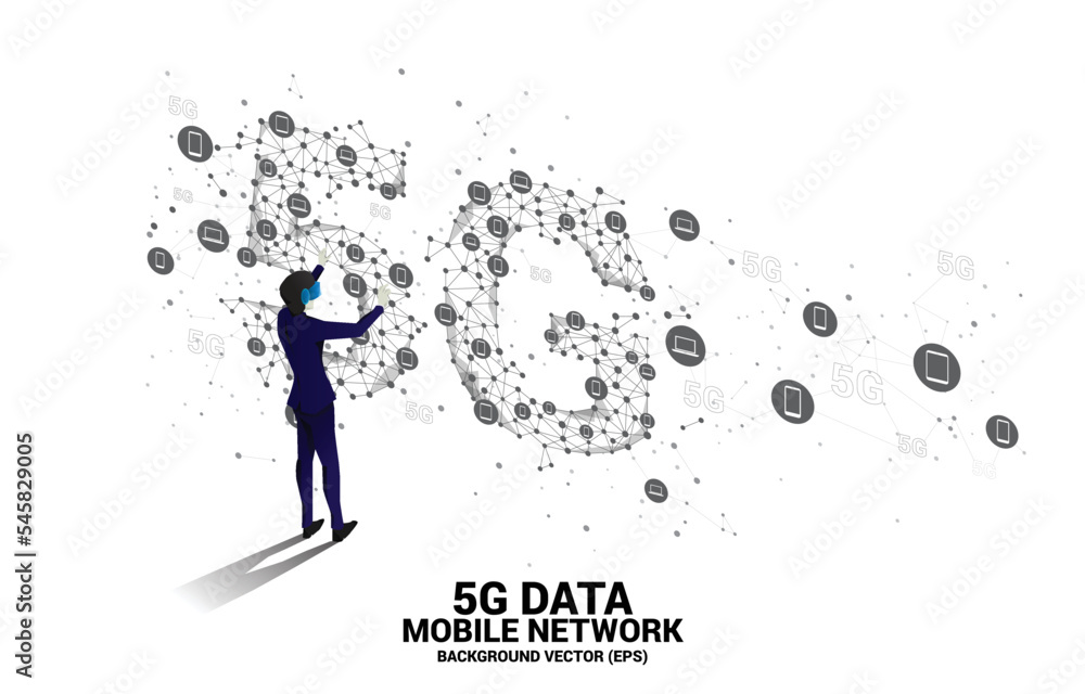 Poster silhouette man wear vr glasses polygon dot connect line shaped 5g mobile networking. concept of digi