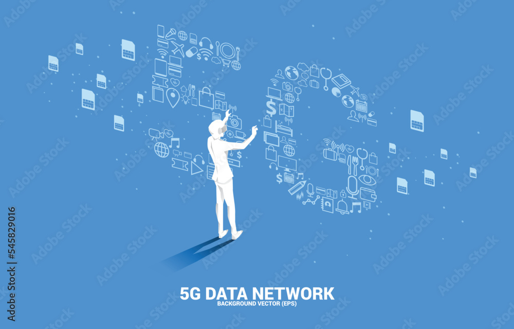 Poster silhouette man wear vr glasses and 5g data technology from online function icon. concept for mobile 