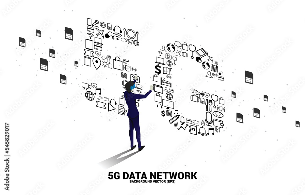 Poster silhouette man wear vr glasses and 5g data technology from online function icon. concept for mobile 