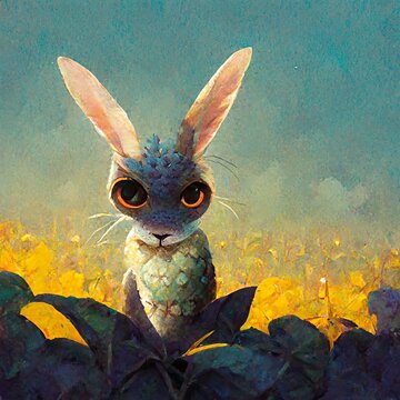 Intense Storybook Rabbit Staring From A Vegetable Garden. Magic Hour, Flowers, Dusk, Stare, Hare, Judgmental. [3D Digital Art, Illustration, Animal Character Portrait, Sci-Fi, Fantasy, Background]