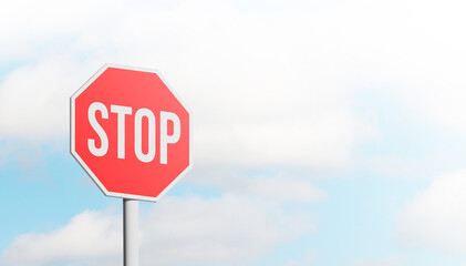 Conceptual stop sign with blue sky background and copy space. 3D illustration.