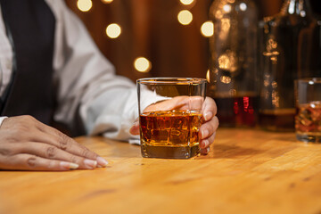 Bartender Serve Whiskey, on wood bar, 