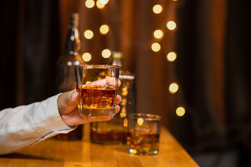 Bartender Serve Whiskey, on wood bar, 
