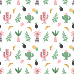 Cute pattern with African plants. Palm, cactus and coconut. Seamless background for printing on fabric. Packing paper. Print.