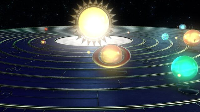 Beautiful rising shot of a 3D render of a solar system orrery in a space environment, with illuminated colored glass planets and spinning graduated orbit planes, in orbit around the central Sun