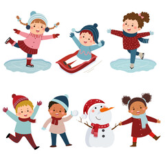 Collection of happy kids playing snow in winter