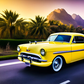 Muscle Cars #5005 -- An early-1950's bright yellow muscle car on a 2-lane highway in Palm Desert, California at sunset, created using artificial intelligence.
