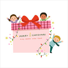 Happy children with big gift box. Merry Christmas and Happy New Year card.