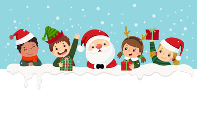 Kids in Christmas costumes and Santa Claus looking out from behind empty blank. Christmas card - 545832464
