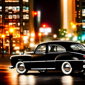 Night Rides #1010 -- A mid-1940's black sedan on city streets surrounded by city lights at night, created using artificial intelligence.