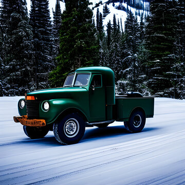 Off Road #1004 -- A mid-1940's green pickup truck in a snowy Rocky Mountain forest, created with artificial intelligence.