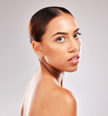 Skincare, beauty and portrait of Latin woman in studio on white background for body care. Wellness,...