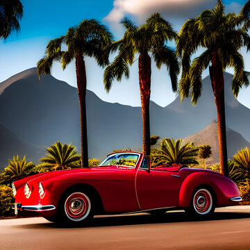 Going Topless #1005 - Topless at the Oasis -- A mid-1950's cherry red sports car convertible at a desert oasis with palm trees and mountains, created using artificial intelligence.