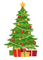 Christmas tree and gifts. Isolated on white background. Cartoon style. Vector illustration.