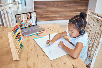 Fototapeta na wymiar Math, laptop screen and learning child listening to teacher on headphones writing numbers for development, growth and home knowledge. Black girl student online education or elearning teacher teaching