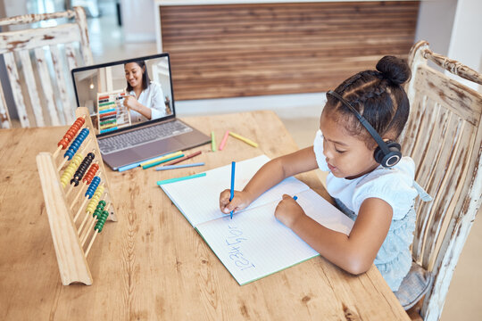 Math, laptop screen and learning child listening to teacher on headphones writing numbers for development, growth and home knowledge. Black girl student online education or elearning teacher teaching