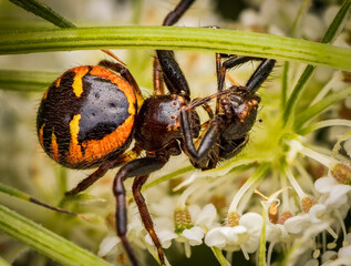 Macrophotography of a Napoleon Spider (Synema globosum) catching a prey.
