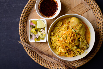 Northern Thai food (Khao Soi), Spicy curry noodles soup with chicken, Local Thai food