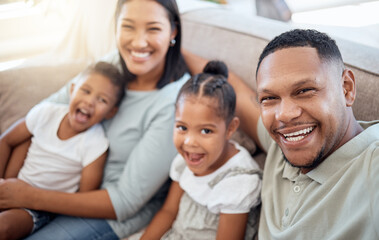 Happy, relax and selfie with family on sofa for smile, support or social media app together. Technology, photographer and portrait of parents with children in living room at home for bonding and care