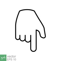 Pointing down icon. Simple outline style. Backhand index pointing down, forefinger, hand gesture pointer concept. Thin line vector illustration isolated on white background. EPS 10.