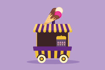 Cartoon flat style drawing ice cream booth at amusement park using a two-wheeled cart with an ice cream logo. Sweet and very tasty food. Successful small business. Graphic design vector illustration