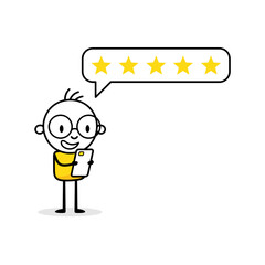 Man character giving five stars positive feedback online. Customer reviews, rate the service concept. Vector stock illustration