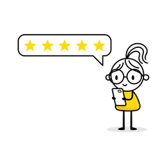 Woman character giving five stars positive feedback online. Customer reviews, rate the service concept. Vector stock illustration